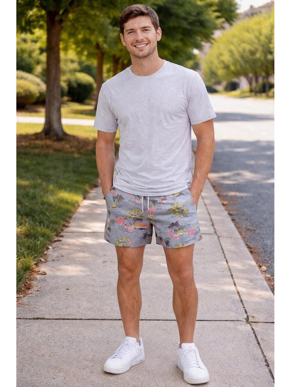 Mens Uzzi Active Wear Lined Swim Shorts Gray Palm  Pattern Pockets Large